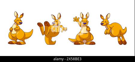 Lustige lächelnde Kängurufigur in verschiedenen Posen und Gesichts-Emotionen. Cartoon-Vektor-Set von glücklichen australischen Tier Wallaby mit Beutel stehend, winkende Hand, während willkommen, stehen auf Schwanz und springen. Stock Vektor