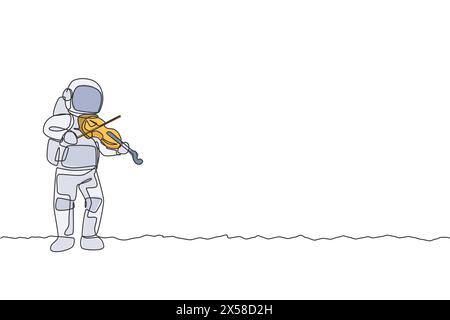 Eine einzeilige Zeichnung eines Raumfahrers, der Violinmusikinstrument spielt, in einer grafischen Illustration des Vektors im tiefen Raum. Poster für Musikkonzerte mit Space Astro Stock Vektor