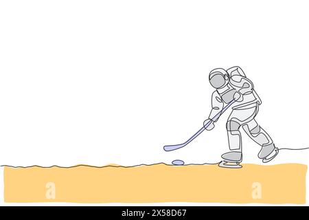 Ein einzeiliger Astronaut, der Eishockey in kosmischer Galaxienvektorgrafik-Illustration übt. Gesunder Weltraum-Kosmonauten-Lebensstil Stock Vektor