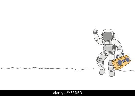 Einzelne durchgehende Linienzeichnung eines Astronauten, der Retro-Funkgerät mit Hand auf Mondoberfläche hält. Weltraummusik-Konzertkonzept. Trendig ein l Stock Vektor