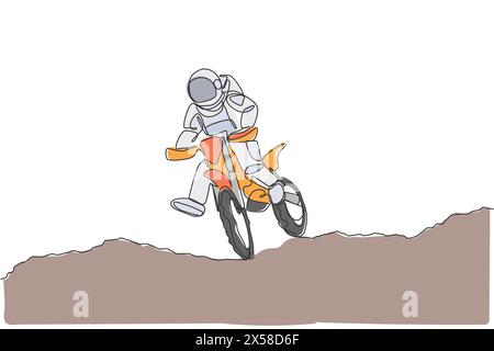 Ein einzeiliger Astronaut, der Motocross in kosmischer Galaxie-Vektor-Illustration übt. Gesunder Weltraum Kosmonaut Lifestyle Sport Co Stock Vektor