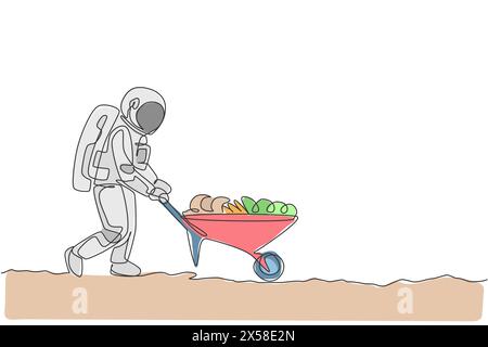 Eine einzelne Linienzeichnung des Astronauten, der Schubkarre voll von Obst und Gemüse in der Mondoberfläche Vektor-Illustration Grafik schiebt. Farmin im Weltraum Stock Vektor