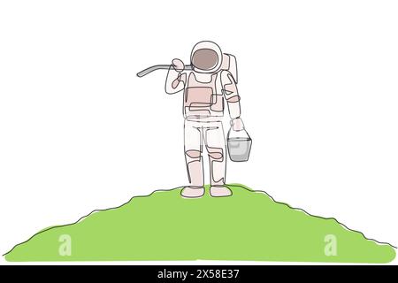 Einzelne durchgehende Linienzeichnung des Kosmonauten, der Eimer und Hacke auf der Schulter trägt, während er auf der Mondoberfläche steht. Galaxy Astronaut Farming Life Concept. Stock Vektor