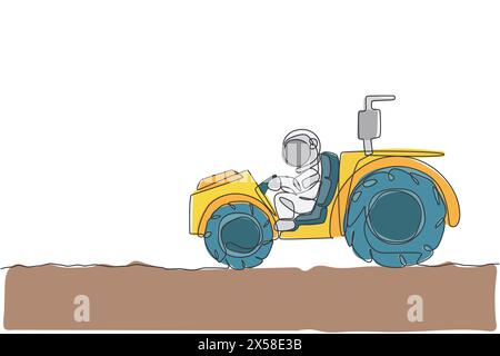 Eine einzelne Linienzeichnung des Astronauten, der Traktor fährt, um den Boden in der Mondoberfläche-Vektor-Illustration zu ebnen und abzuflachen. Außenraum Farming Contra Stock Vektor