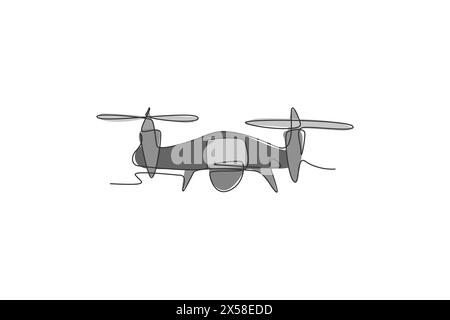 Eine durchgehende Linienzeichnung eines fliegenden Drohnenflugzeugs, unbemannten Flugzeugs. Modernes Gadget für das Videokonzept. Dynamisches einzeiliges grafisches Zeichendesign V Stock Vektor