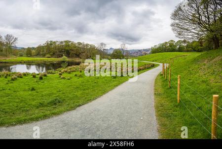 Ein Multi-Bild-Panorama eines kurvenreichen Pfades entlang des Flusses Brathay im Herzen des Lake District. Stockfoto