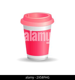 Niedlicher pinkfarbener 3D-Pappbecher. Beispielleerwert. Realistische Clip-Art. Werbevorlage. Design-Element für Café-Menü. Tee- oder Kaffeebanner. Isoliertes Objekt. Stock Vektor