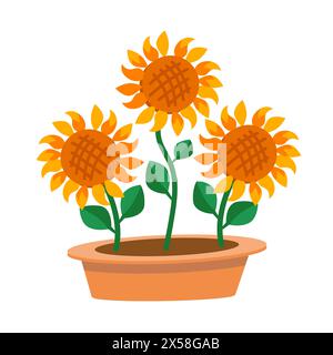 Sonnenblumen im Blumentopf. Isolierte Vektordarstellung. Stock Vektor