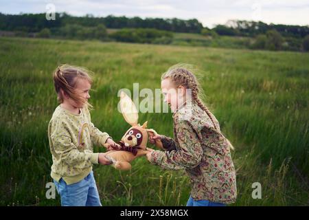 Zwei Schwestern kämpfen um einen Spielzeughasen Stockfoto