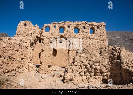 Die Burgruinen von Tanuf, Wadi Tanuf, Al Dakhiliyah, Oman Stockfoto