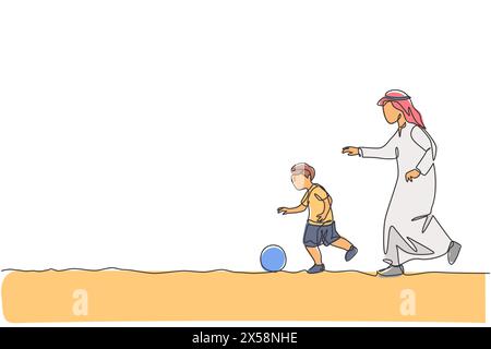 Eine durchgehende Linienzeichnung des jungen arabischen Vaters und seines Sohnes, die Fußball spielen. Glückliches islamisch-muslimisches Familienkonzept. Dy Stock Vektor