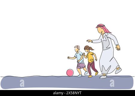 Einzelne durchgehende Linienzeichnung eines jungen arabischen Vaters, der mit seinem Sohn und seiner Tochter Fußball spielt. Islamisch-muslimische glückliche Familienvaterschaft Conce Stock Vektor