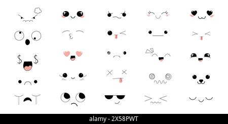 Kawaii Style sieht Manga Anime Emotionen, Comic Ausdrücke, niedliche Augen Sammlung isoliert auf weißem Hintergrund. Doodle Smiley Stimmungsdesign-Elemente, . Vektorabbildung Stock Vektor