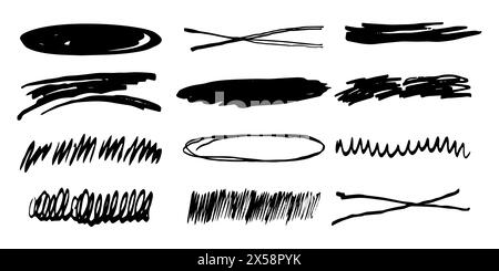Unterstreicht Hervorhebung Pinselstrich festlegen, Markierungslinien Grundierkurve, wellige Markierungen strukturierte einfache Ränder, isoliert auf weißem Hintergrund. Creative Collection mit Kritzelpinsel- oder Buntstift-Karos. Vektorabbildung Stock Vektor