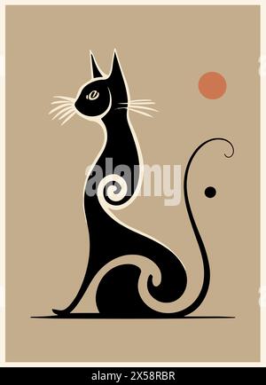 Retro-Poster mit niedlicher schwarzer Katzenvektorzeichnung. Stock Vektor