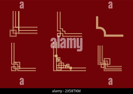 Asiatische Ecke, goldene traditionelle Knotengrenze, altes Ornament, Vintage-Rahmen isoliert auf Hintergrund. Goldene elegante Liniendekoration. Vektorabbildung Stock Vektor