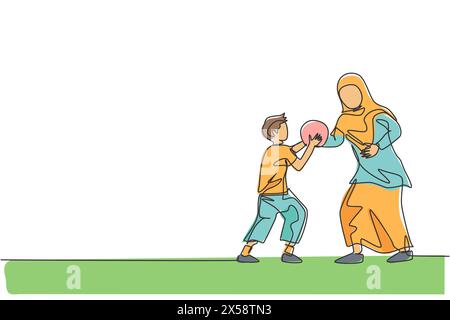 Eine einzige Zeilenzeichnung einer jungen islamischen Mutter, die Basketballsport mit ihrem Sohn in der öffentlichen Park-Vektor-Illustration spielt. Arabisch-muslimische Familieneltern Stock Vektor