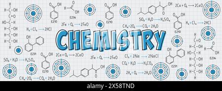 Übungsnotizen, Formeln und Gleichungen der Chemie, der organischen Chemie, der chemischen Reaktionen, der Strukturformel, der Atome chemischer Elemente, mit Gitter Stock Vektor