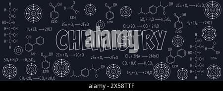 Übungsnotizen, Formeln und Gleichungen der Chemie, der organischen Chemie, der chemischen Reaktionen, der Strukturformel, der Atome chemischer Elemente, mit Schwarz Stock Vektor