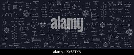 Kalkül-Gleichungen, Algebra, organische Chemie, chemische Reaktionen, chemische Elemente, Physik, geradlinige Bewegung, Statik, Elektromagnetismus, Frictio Stock Vektor