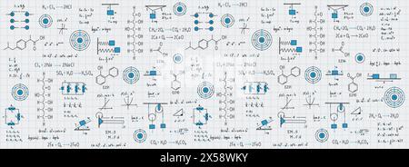 Kalkül-Gleichungen, Algebra, organische Chemie, chemische Reaktionen, chemische Elemente, Physik, geradlinige Bewegung, Statik, Elektromagnetismus, Frictio Stock Vektor