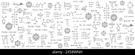Kalkül-Gleichungen, Algebra, organische Chemie, chemische Reaktionen, chemische Elemente, Physik, geradlinige Bewegung, Statik, Elektromagnetismus, Frictio Stock Vektor