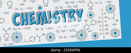 Schule und Universität Notizen über Übungen, chemische Formeln und Gleichungen, organische Chemie, chemische Reaktionen, Strukturformeln, chemische Atome Stock Vektor