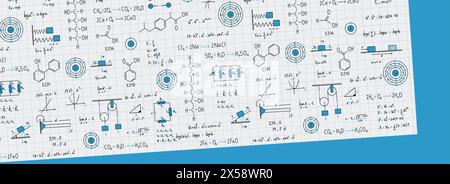 Kalkül-Gleichungen, Algebra, Organische Chemie, Chemische Reaktionen, Chemische Elemente, Physik, Geradlinige Bewegung, Statik, Elektromagnetismus, Frictio Stock Vektor