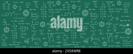 Kalkül-Gleichungen, Algebra, organische Chemie, chemische Reaktionen, chemische Elemente, Physik, geradlinige Bewegung, Statik, Elektromagnetismus, Frictio Stock Vektor