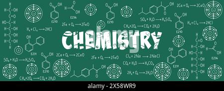 Übungsnotizen, Formeln und Gleichungen der Chemie, der organischen Chemie, der chemischen Reaktionen, der Strukturformel, der Atome chemischer Elemente, mit Grün Stock Vektor