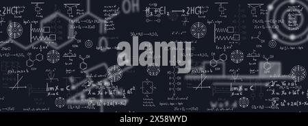 Kalkül-Gleichungen, Algebra, organische Chemie, chemische Reaktionen, chemische Elemente, Physik, geradlinige Bewegung, Statik, Elektromagnetismus, Frictio Stock Vektor