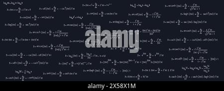 Schulnotizen und Universitätsnotizen zu Übungen, Gleichungen und Formeln von Logarithmen, Derivaten, trigonometrischen, logarithmischen, hyperbolischen und inverse auf a b Stock Vektor