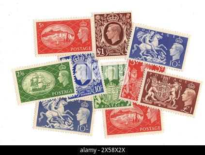 Eine Montage von hochwertigen Münzpostmarken von King George VI aus Großbritannien auf weißem Hintergrund. Stockfoto