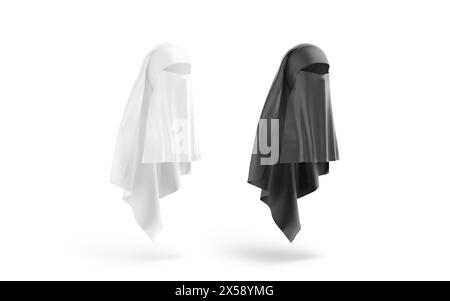 Leeres Schwarzweiß-Niqab-Modell für Frauen, Seitenansicht, 3D-Rendering. Leerer arabischer Schalldämpfer oder Kopftuch für Privatsphäre, isoliert. verhüllter shay Stockfoto