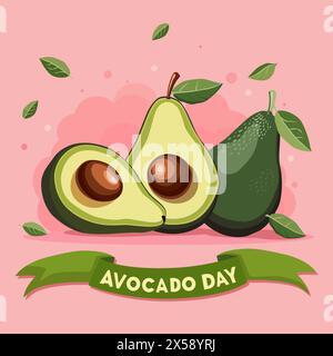 Frische grüne Avocado, ganz und halb geschnitten, mit Blättern und Text. Banner für Avocado Day. Vektor-Clipart der Seitenansicht isoliert auf rosa Hintergrund. Sommeressen Stock Vektor