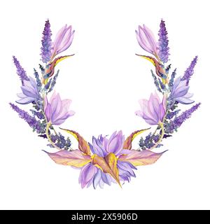 Handgezeichnete Aquarellillustration schäbige Boho botanische Blumen Blätter. Crocus Safran Rose Hüft veronica Lavendelbeeren. Kranzrahmen isoliert auf Stockfoto