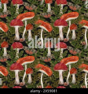Rote Fliegenpilze, Waldfarnzweige, Schmetterlinge und Schnecken. Nahtloses Muster auf dunklem Hintergrund zum Drucken auf Stoff und Papier. Digitale Kunst. Stockfoto