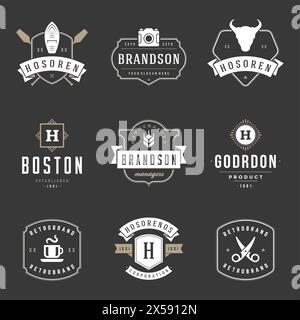 Set Mit Vintage-Logos-Design-Vorlagen. Vektor-Logotypen Elemente Sammlung, Symbole Symbole, Retro-Etiketten, Abzeichen, Silhouetten, Farbbänder und Rahmen. Stock Vektor