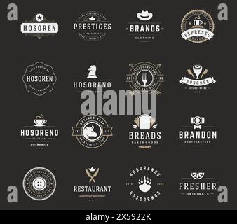 Vintage Logos Design Templates Set, Vector Design Elements. Logoelemente, Logosymbole, Logosymbole, Logovektor, Symboldesign, Retro-Logos. Kuh He Stock Vektor