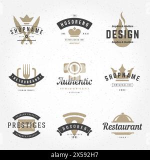 Handgezeichnete Retro-Logos Vektorvorlagen Set. Handgezeichnete Logos, Handgezeichnete Symbole, Handgezeichnete Symbole, Logoelemente, Logovektor, Retro-Logos. Löwe L Stock Vektor