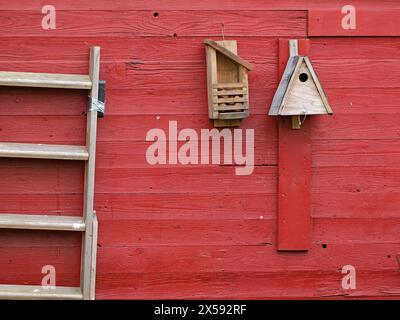 Eine bezaubernde Szene entfaltet sich: Ein gemauerter Schuppen mit Vogelhäuschen, Eichhörnchenfutterhäuschen und einer rustikalen Leiter, die eine Oase der Ruhe in der Umgebung der Natur schafft Stockfoto