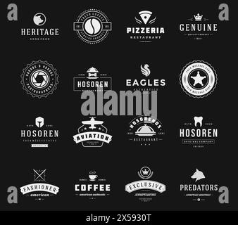 Set Mit Vintage-Logos-Design-Vorlagen. Vektor-Logotypen Elemente Sammlung, Symbole Symbole, Retro-Etiketten, Abzeichen, Silhouetten, Kaffee, Fast Food, Crown, Stock Vektor