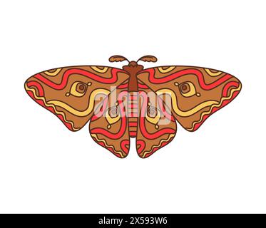 Riesige Kaisermotte Retro-grooviger Schmetterling. Isolierter Vektor Saturnia pyri Schmetterling Insekt mit Augenmuster auf Flügeln und flauschigen Antennen, symbolisiert Transformation, Schönheit, Metamorphose in der Natur Stock Vektor