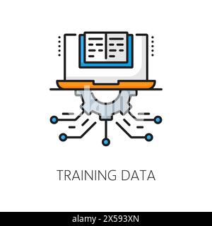 KI-Algorithmus, Analyse künstlicher Intelligenz, Trainingsdaten für maschinelles Lernen, Farbsymbol. Computertechnologie für maschinelles Lernen umrissen Vektorsymbol mit Laptop-Zahnrad und Motherboard-Spuren Stock Vektor
