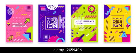 Memphis abstrakte moderne geometrische Poster mit einfachen Formen und minimalen Figuren, Vektorhintergründen. Memphis Poster oder Deckschablonen mit geometrischen Figuren und isometrischen Formen oder Linienmustern Stock Vektor