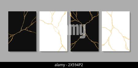 Golden Kintsugi Risse auf schwarz-weißen Marmor Textur, Vektorkeramik Fliesen Hintergründe. Kintsugi-Goldrissmuster mit abstrakten Goldfolienrissen oder Kintsukuroi-Effekt auf Marmorsteinen Stock Vektor
