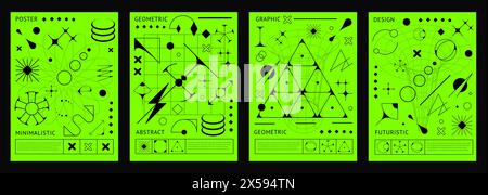 Brutale Y2K-Poster abstrakter geometrischer Formen auf säuregrünem Hintergrund, Vektordeckel-Vorlage. Futuristische Retro-Elemente, geometrische Formen, technische Formen und minimalistische Symbole für brutale Y2K-Poster Stock Vektor