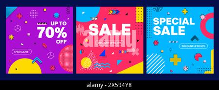 Moderne abstrakte geometrische Memphis Formen für Verkauf Banner und Rabatt Promo, Vektor Hintergründe. Werbebanner mit Memphis-Farbformen und geometrischen Elementen im Shop- und Store-Angebot Stock Vektor