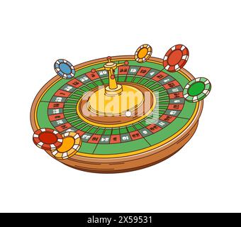 Cartoon Retro grooviges Casino Glücksrad mit Chips, Vektor Comic Art Art. Grooviges Casino-Roulette oder Glücksrad mit Poker-Chips für den Jackpot des Glücksspiels in der Hippie-Retro-Cartoon-Grafik der 70er Jahre Stock Vektor