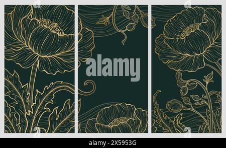 Elegante, prestigeträchtige Art déco-Hintergrundschablone mit Blumen. Das luxuriöse Design ist ein Art déco-Motiv mit blauen und goldenen Farben. Stock Vektor